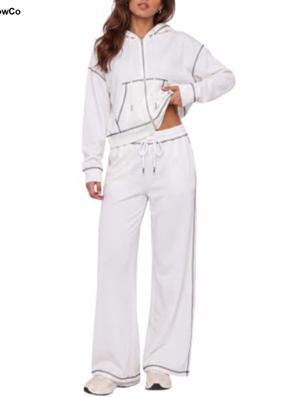 Fisoew 2 Piece Sweatsuit Zip Up Hoodie Wide Leg Pants Set Loungewear